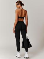 Women's Solid Backless Halter Crop Sports Bra & High Waist Leggings Set, Sporty Breathable Comfortable Outfits for Yoga Gym W...