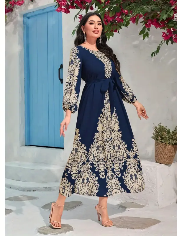 Muslim Fashion Digital Print Long Sleeve Maxi Dress, Elegant Middle Eastern Style, Modest Women's Clothing, Perfect for All S...
