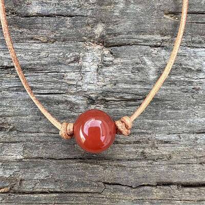 Natural Carnelian(Dyed & Heated) Round Ball Pendant Genuine Leather Handmade Necklace Simple Elegant Jewelry