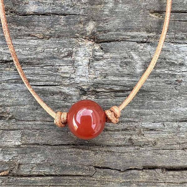 Natural Carnelian(Dyed & Heated) Round Ball Pendant Genuine Leather Handmade Necklace Simple Elegant Jewelry