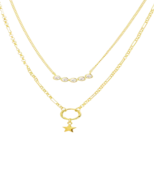 18K Gold Layering Pendant Necklace with Star & Diamond