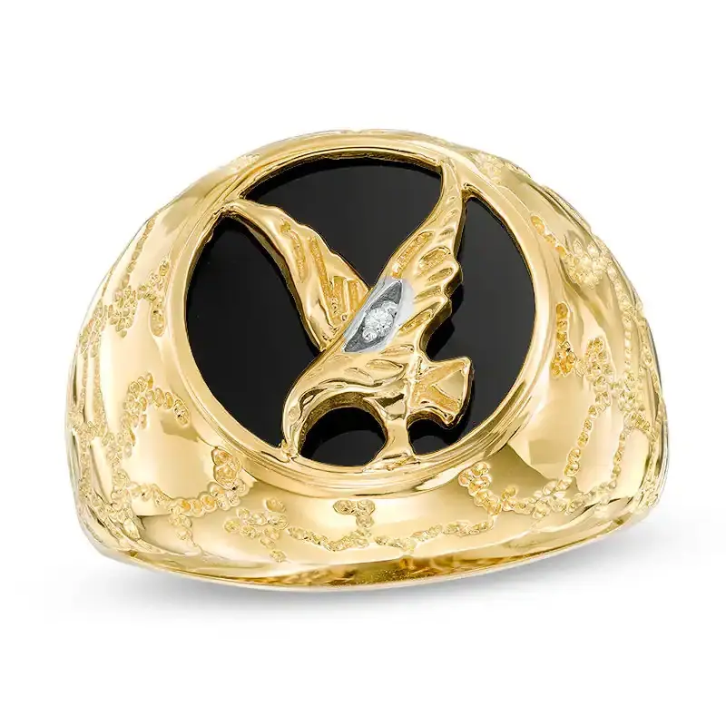 10K Gold Round Shaped Agate & Diamond Custom Eagle Signet Ring for Men I Color I2 Clarity 3EX IGI Certified