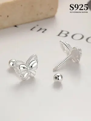 S925 Sterling Silver Butterfly Design Earrings (1 Pair), Fashionable Rhinestone Decor Silver Earrings for Women & Girls, Tren...