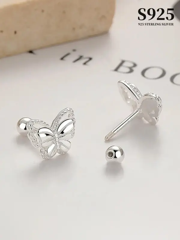 S925 Sterling Silver Butterfly Design Earrings (1 Pair), Fashionable Rhinestone Decor Silver Earrings for Women & Girls, Tren...