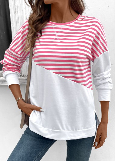 Modlily Pink Patchwork Striped Long Sleeve Round Neck Sweatshirt - XL