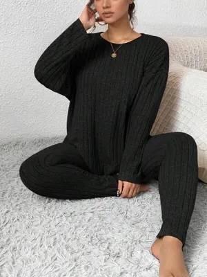 【Plus Size】 Two-Piece Set Solid Drop Shoulder Top & Skinny Pants Ribbed Pajama Set, Casual Comfy Round Neck Long Sleeve T...