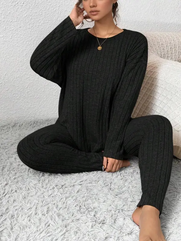 【Plus Size】 Two-Piece Set Solid Drop Shoulder Top & Skinny Pants Ribbed Pajama Set, Casual Comfy Round Neck Long Sleeve T...