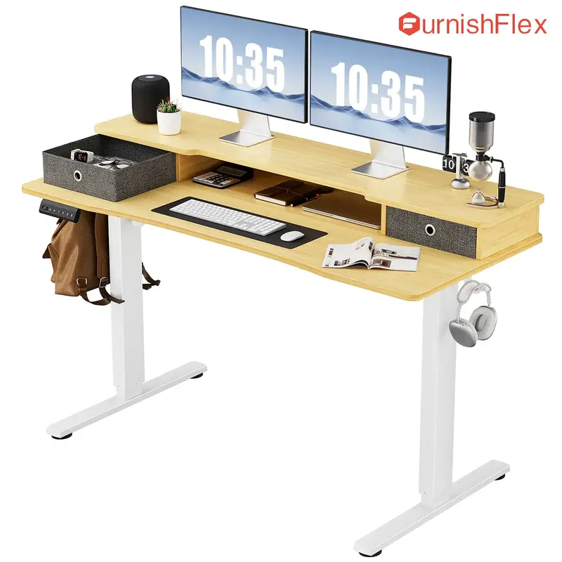 SweetFurniture Height Adjustable Electric Standing Desk with Storage Shelf Double Drawer, Stand up Desk, Sit Stand Desk with ...