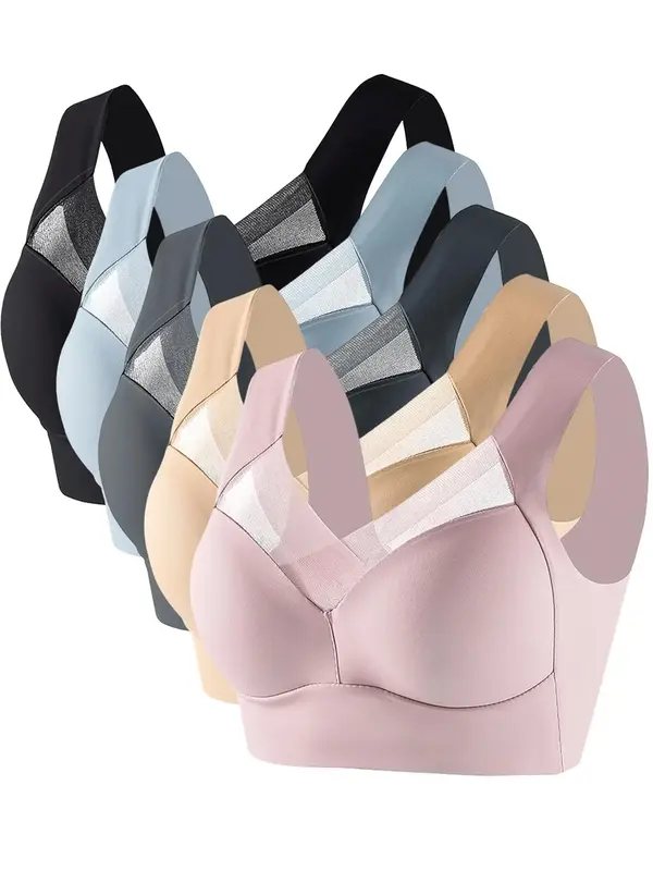 Women's Plain Contrast Mesh Wireless Bra, Casual Comfy Push Up Bra, Lady Lingerie & Underwear, Women's Gift Set, Womenswear,...
