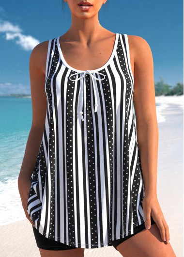 Modlily Bowknot Stripe Print Black Tankini Top - S