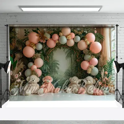 Balloon Greenery Bear Birthday Cake Smash Backdrop - Aperturee
