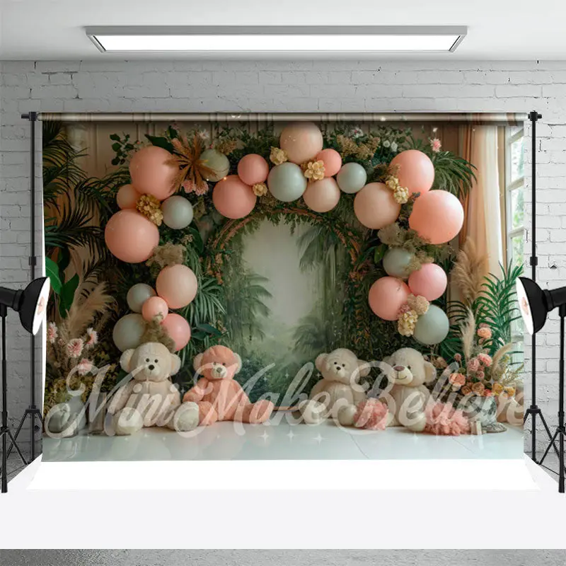 Balloon Greenery Bear Birthday Cake Smash Backdrop - Aperturee