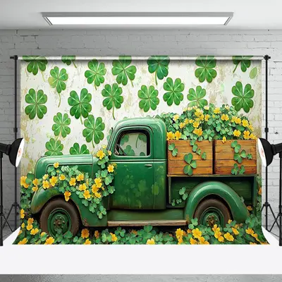 Aperturee Retro Green Clover Truck St Patricks Day Backdrop, 3X2FT(1MX0.6M), 14 USD, ZHF346A-M, st patricks day backdrops