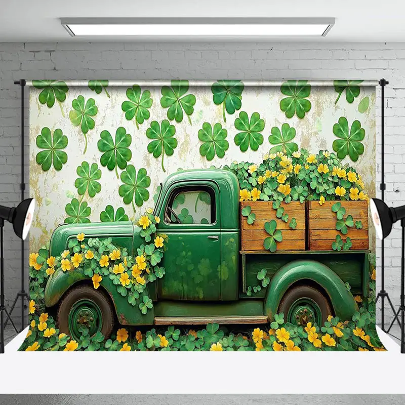 Aperturee Retro Green Clover Truck St Patricks Day Backdrop, 3X2FT(1MX0.6M), 14 USD, ZHF346A-M, st patricks day backdrops