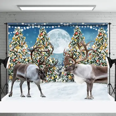 Aperturee Christmas Tree Reindeer Moon Holiday Photo Backdrop - Aperturee