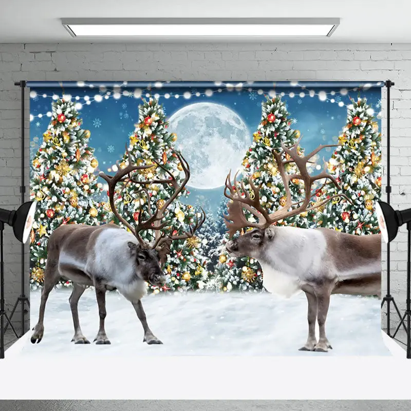 Aperturee Christmas Tree Reindeer Moon Holiday Photo Backdrop - Aperturee