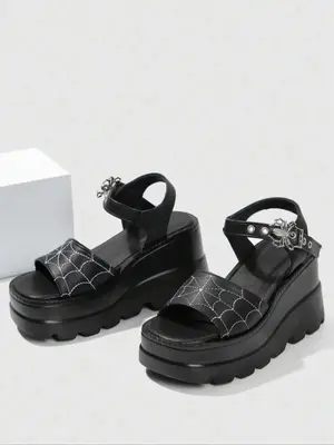 Women's Spider Web Graphic Platform Sandals As Gifts, Grommet Eyelet Design Sandals for Women, Lightweight Breathable Comfort...