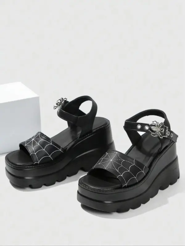 Women's Spider Web Graphic Platform Sandals As Gifts, Grommet Eyelet Design Sandals for Women, Lightweight Breathable Comfort...