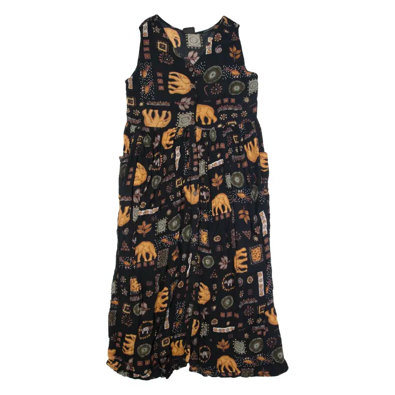 BILA Womens Maxi Dress Blue 90s Crazy Pattern Sleeveless Long L