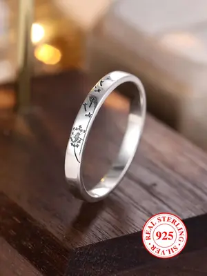 925 Sterling Silver Dandelion Engraved Ring, Fashion Accessories for Both Men & Women, Trendy All-match & Exquisite Jewelry f...