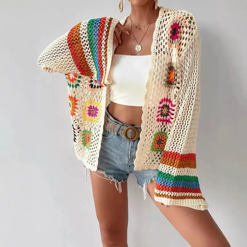 Retro Ethnic Style Crochet Floral Cardigan for Women Handcrafted Hollow Knit Long Sleeve Sweater in Random Colors 2025 Boho F...