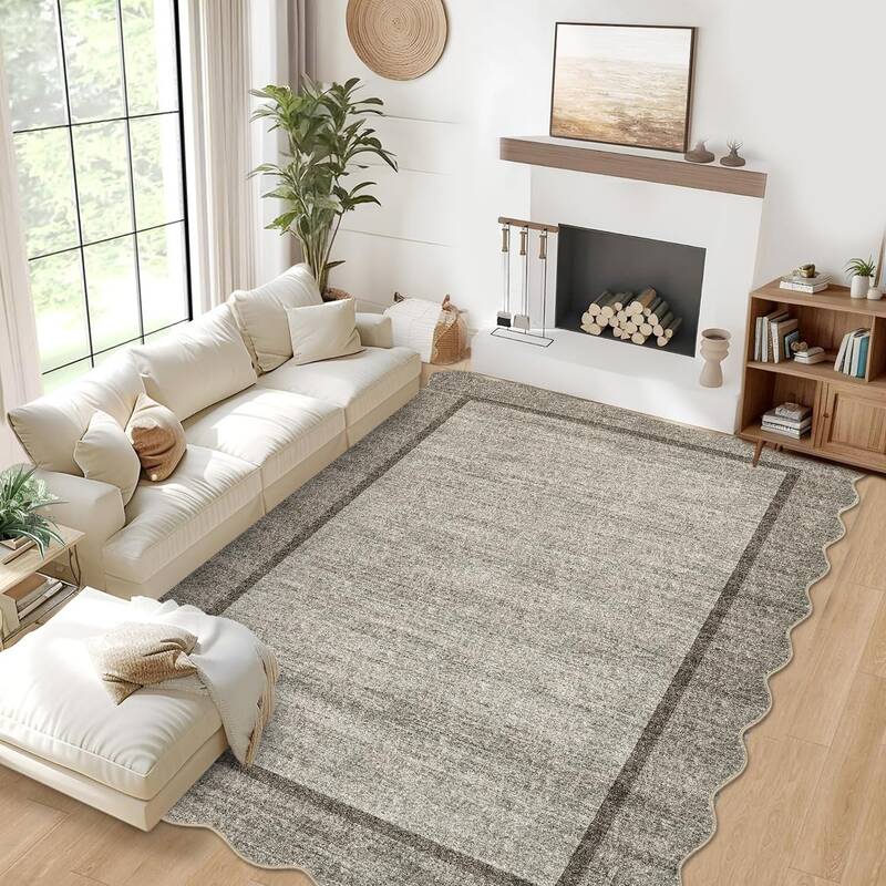 Garvee Scalloped Washable Rug 8x10 Brown Non Slip Soft Low Pile Area Rug for Living Room Bedroom Nursery Dining Room