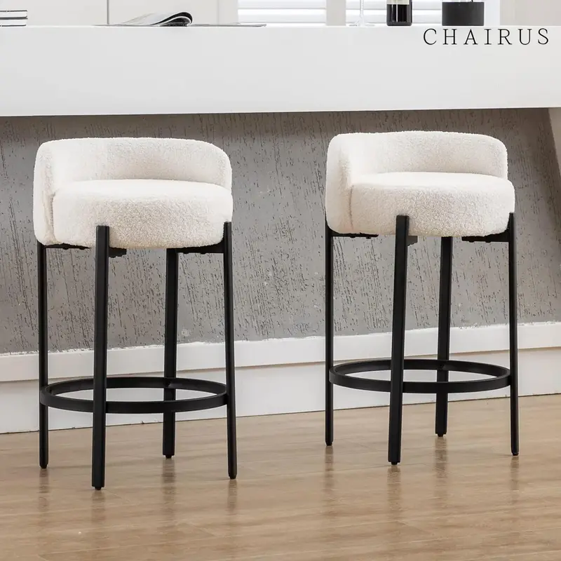 CHAIRUS Counter Height Bar Stools Set of 2, Modern 26  Sherpa Fabric Round Barstools,Upholstered Counter Stools with Black ...