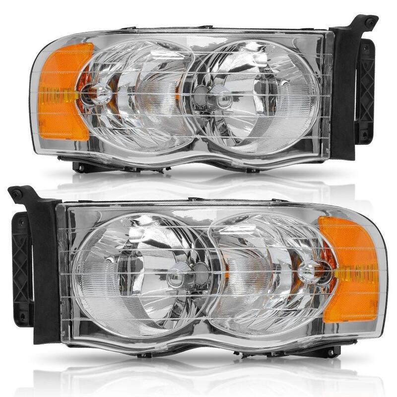 YITAMOTOR® 2002-2005 Dodge Ram Pickup Truck Headlamps Chrome Housing with Amber Reflector Clear Lens
