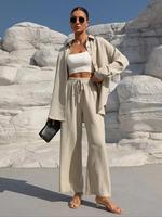 Women's Solid Button Shirt & Wide Leg Pants, Casual Drop Shoulder Top & Trousers Set, Women's Lounge Clothes for Daily Wear, ...