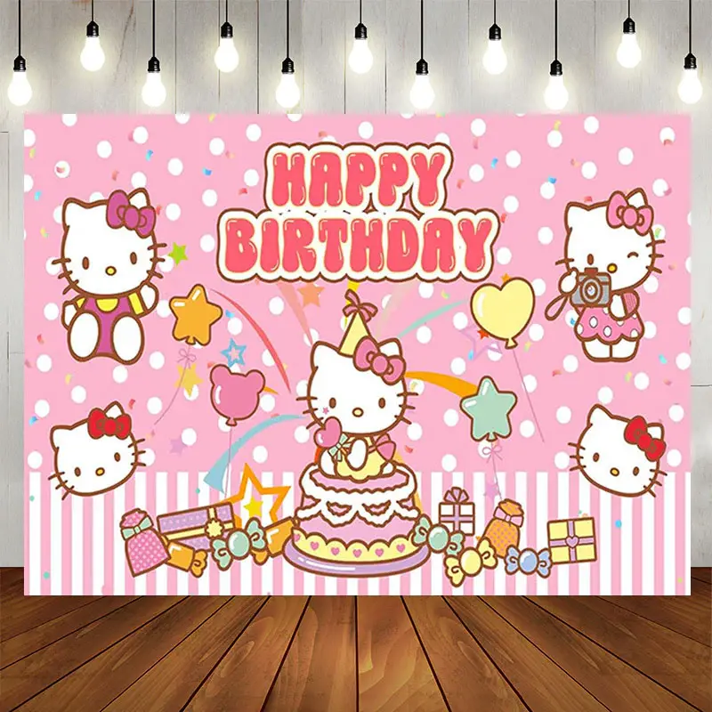 Pink Cat Candy Happy Birthday Backdrop For Girl - Aperturee