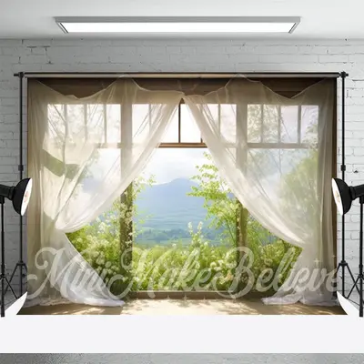 White Curtain Window Green Plants Mountain Backdrop - Aperturee