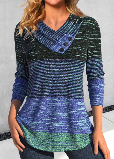 Modlily Cyan Button Striped Long Sleeve V Neck T Shirt - L