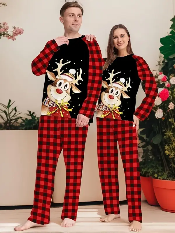 Couple's Christmas Themed Reindeer & Plaid Print Raglan Sleeve Pajama Set, Casual Comfy Long Sleeve Top & Elastic Waist Pants...