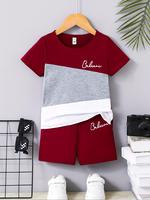 Two-piece Set Boy's Colorblock Tee & Elastic Waist Shorts, Casual Short Sleeve T-shirt & Shorts, Summer Outfits Clothes for K...