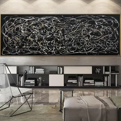 Jackson Pollock Style Paintings On Canvas Black And White Abstract Fine Art Modern Painting Handmade Art over Fireplace Decor...