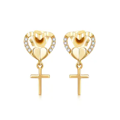 14K Gold Cubic Zirconia Cross & Heart Stud Earrings