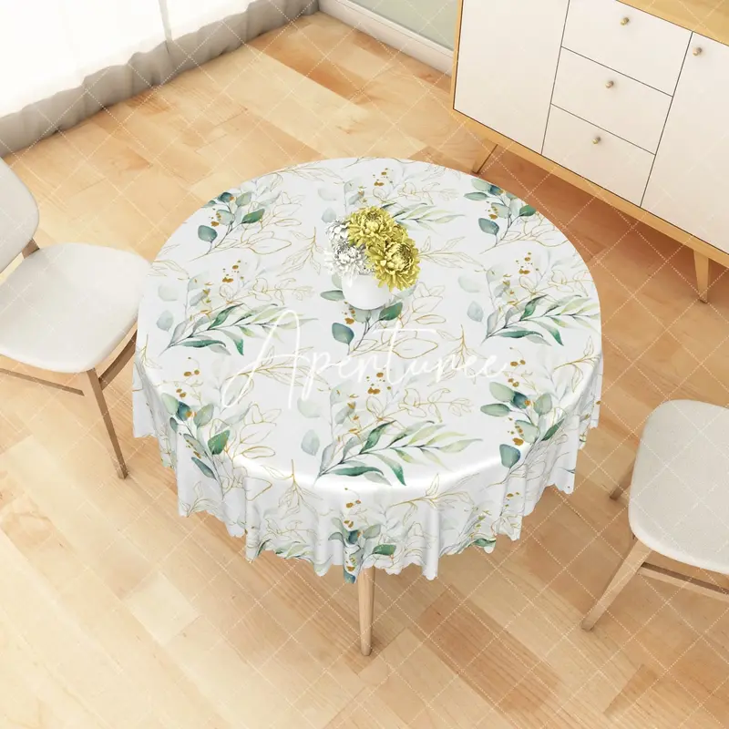 Aperturee Fresh Green Gold Leaf Watercolor Rectangle Tablecloth, Dia 4 ft / 1.2 m, 26.22 USD, round tablecloths, ZJY04615-B