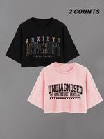 Women's Letter Print Round Neck Crop Tee, Casual Short Sleeve Crew Neck T-shirt for Summer, Fashion Women's Top for Daily Wea...