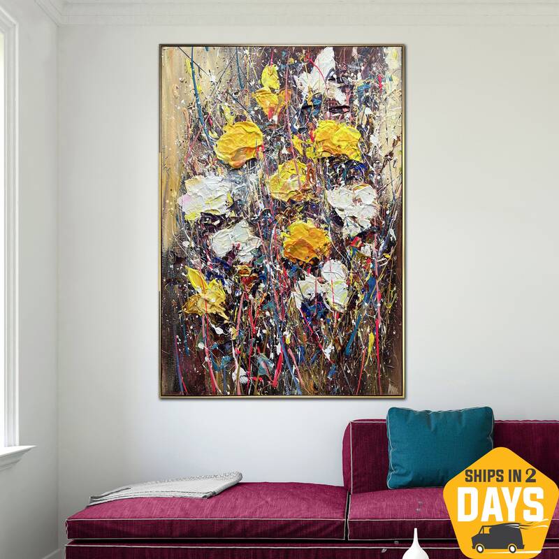Abstract Colorful Flowers Painting on Canvas Textured Bouquet Modern Artwork for Room Decor | FLOWER RAIN 36"x24"
