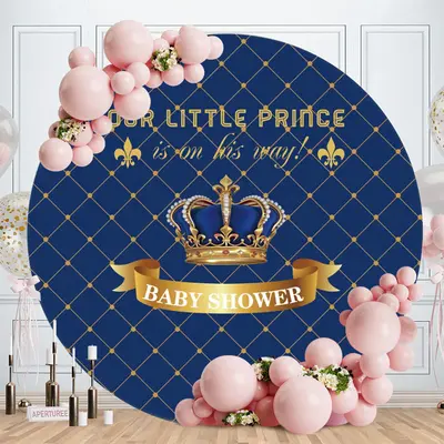 Aperturee Blue And Gold Crown Round Baby Shower Backdrop