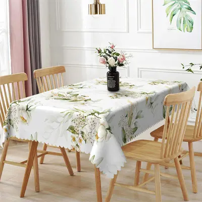White Flower Green Leaf Spring Rectangle Tablecloth - Aperturee