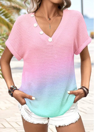Modlily Pink Button Short Sleeve V Neck T Shirt - L