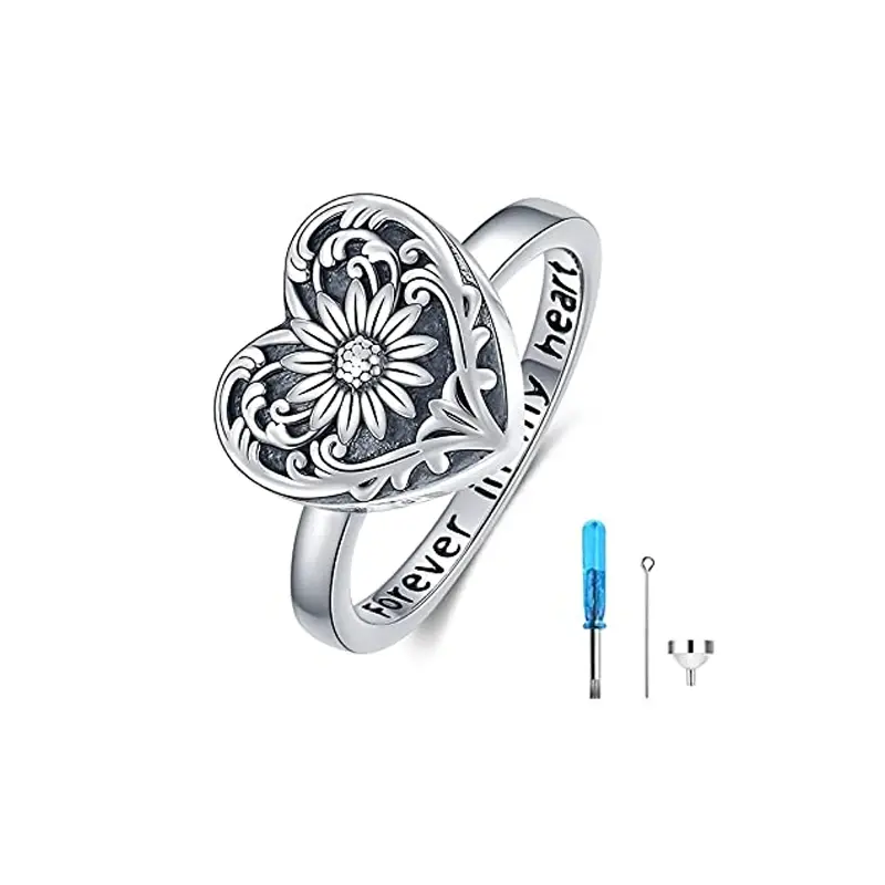 Sterling Silver Sunflower & Heart Urn Ring for Ashes with Engraved Word