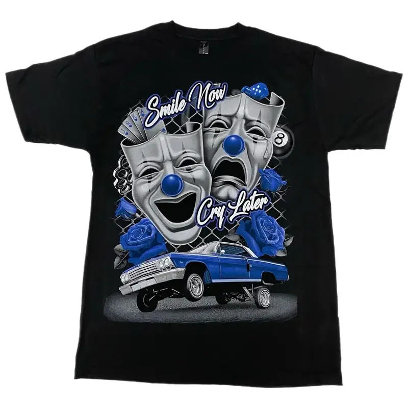 Blue Smile Now Cry Later Low Rider Old School T Shirt Menswear Cotton 100% Silk Screen Crewneck Streetwear Top - Tshirt, Man,...