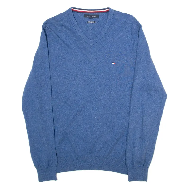 TOMMY HILFIGER Premium Cotton Mens Jumper Blue V-Neck Tight Knit M