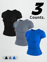 Women's High Stretch Solid Color Round Neck Sports Tee, Tight-fitting Casual Comfortable Breathable Short Sleeve Crew Neck T-...