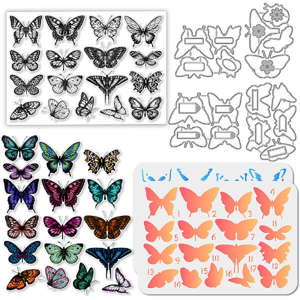 4Pcs Butterfly Carbon Steel Cutting Dies Stencils with PET Hollow Out Drawing Painting Stencils Sets & 1Pc Custom PVC Plastic...