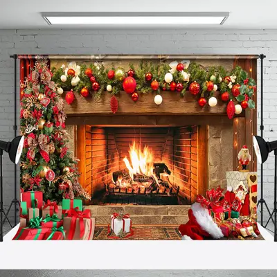 Aperturee Festive Bells Gifts Fireplace Christmas Backdrop - Aperturee