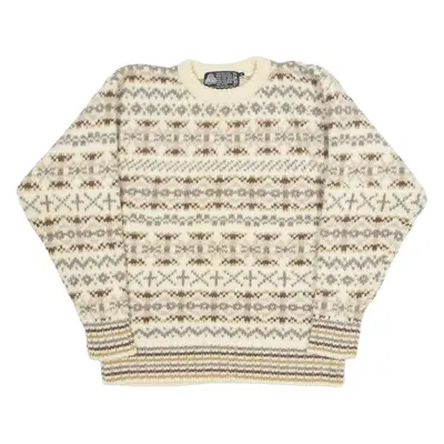 PURE NEW WOOL Mens Patterned Jumper Cream Crazy Pattern Chunky Knit Wool S