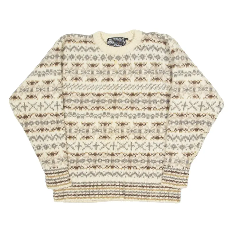 PURE NEW WOOL Mens Patterned Jumper Cream Crazy Pattern Chunky Knit Wool S